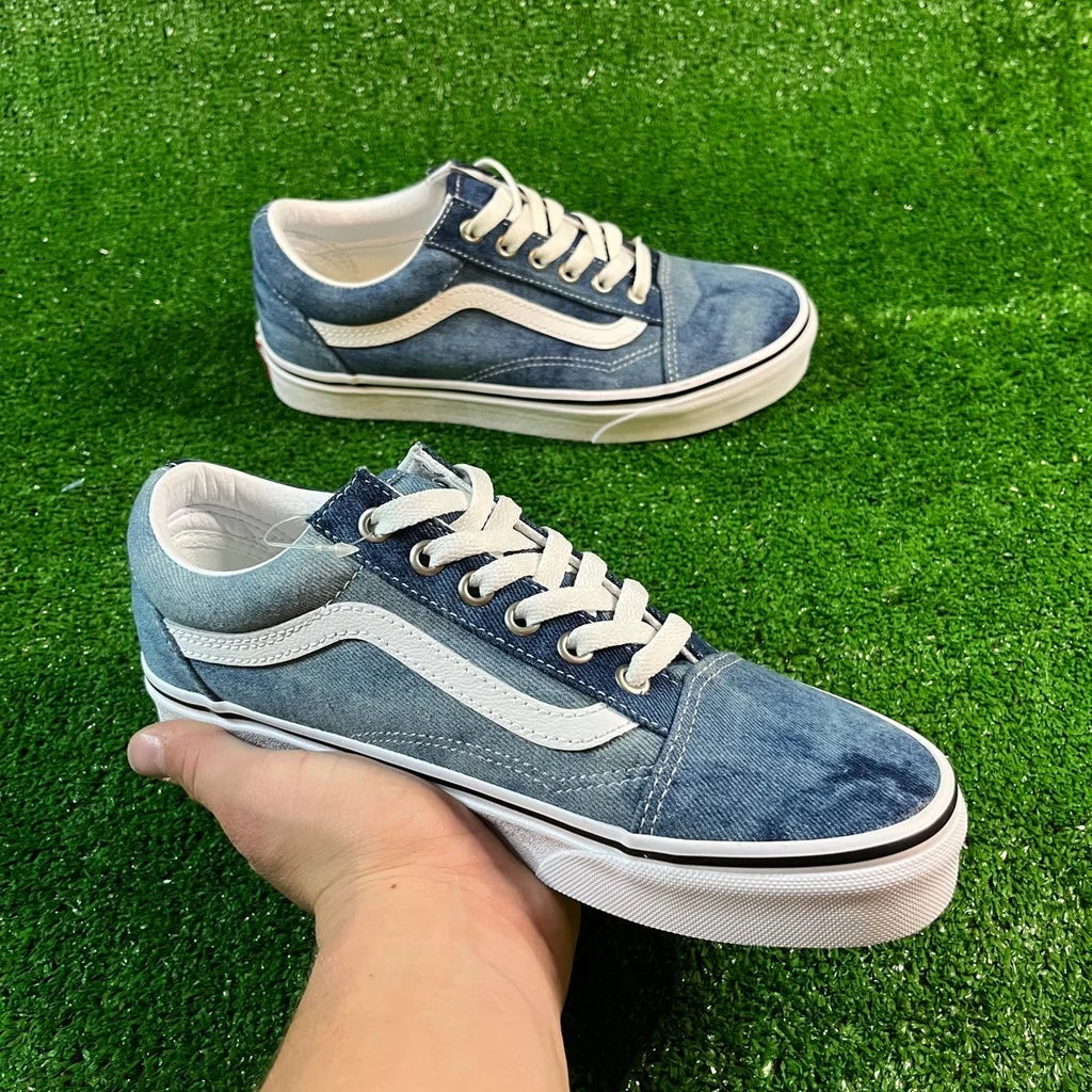 Womens Sz 7.5 Blue & White Denim Vans Old Skool Low Top Sneakers NEW